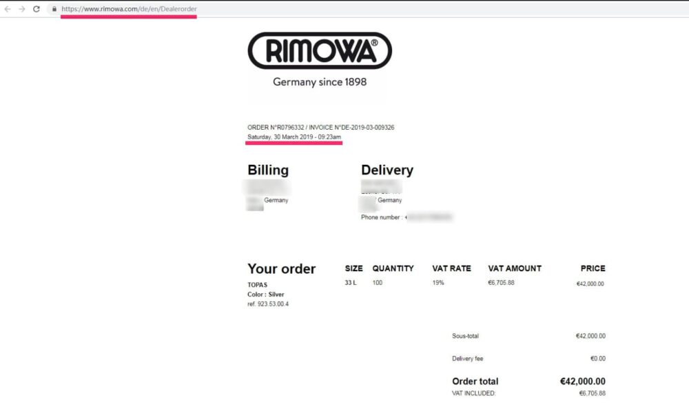 RIMOWA購入証明書